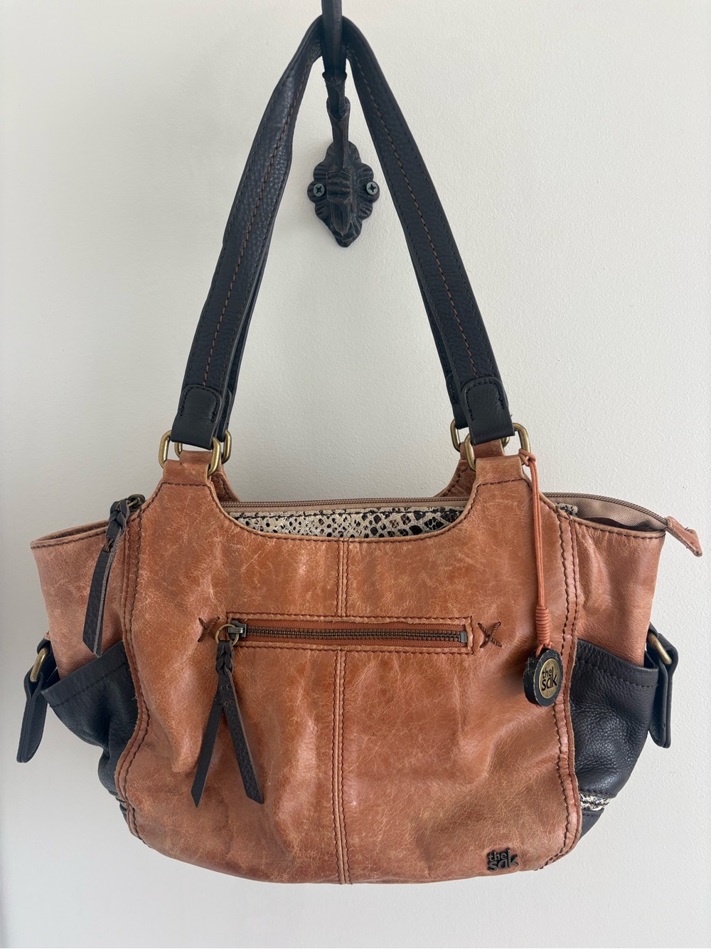 The Sak Kendra Leather Hobo Shoulder Bag Two Tone Brown Black